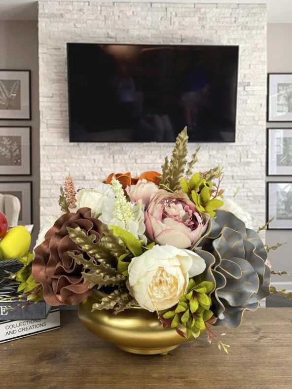 Nettenevime Yapay Çiçek Ve Latex Aranjmanı Top Ayaklı Yuvarlak Metal Gold Vazolu Masa Üstü Çiçeği Arajman 88892 - Resim 6