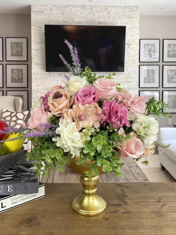 Nettenevime Yapay Çiçek Aranjmanı Konik Metal Gold Vazolu Masa Üstü Çiçeği Arajman - Resim 6