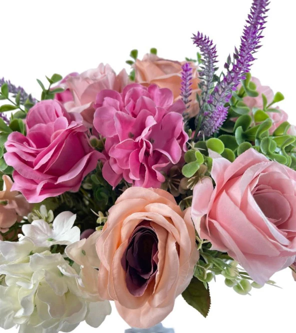 Nettenevime Yapay Çiçek Aranjmanı Konik Metal Gümüş Vazolu Masa Üstü Çiçeği Arajman - Resim 4