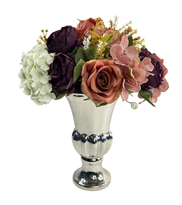 Nettenevime Yapay Çiçek Aranjmanı Krem Kahve Mürdüm Rengi Gümüş Cam Kupa Vazoda Nişan Çiçeği İsteme Çiçeği - Resim 4