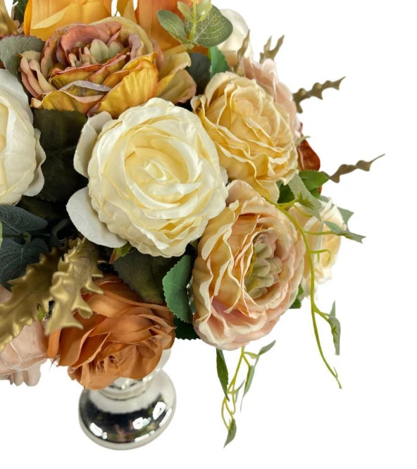 Nettenevime Yapay Çiçek Aranjmanı Krem Somon Kahve Rengi Gümüş Cam Kupa Vazoda Nişan Çiçeği İsteme Çiçeği - Resim 3