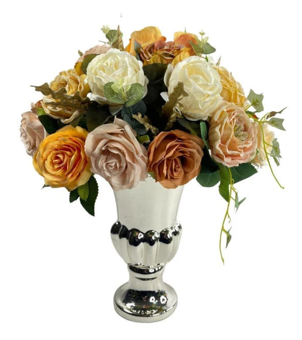 Nettenevime Yapay Çiçek Aranjmanı Krem Somon Kahve Rengi Gümüş Cam Kupa Vazoda Nişan Çiçeği İsteme Çiçeği - Resim 4