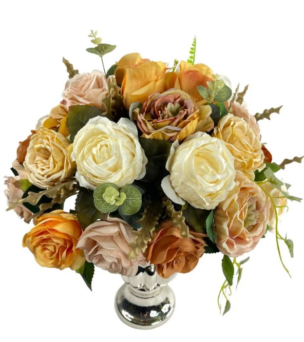 Nettenevime Yapay Çiçek Aranjmanı Krem Somon Kahve Rengi Gümüş Cam Kupa Vazoda Nişan Çiçeği İsteme Çiçeği - Resim 5