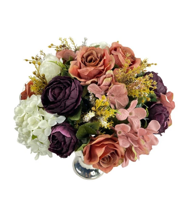 Nettenevime Yapay Çiçek Aranjmanı Krem Kahve Mürdüm Rengi Gümüş Cam Kupa Vazoda Nişan Çiçeği İsteme Çiçeği - Resim 6