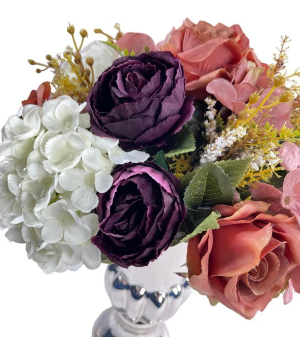 Nettenevime Yapay Çiçek Aranjmanı Krem Kahve Mürdüm Rengi Gümüş Cam Kupa Vazoda Nişan Çiçeği İsteme Çiçeği - Resim 7