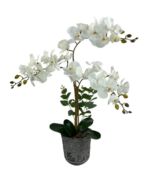 Nettenevime Yapay Çiçek 3lü Beyaz Orkide Seramik Saksıda Orkide 60cm