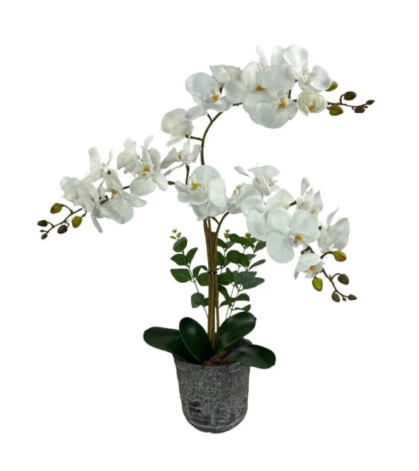 Nettenevime Yapay Çiçek 3lü Beyaz Orkide Seramik Saksıda Orkide 60cm - 5
