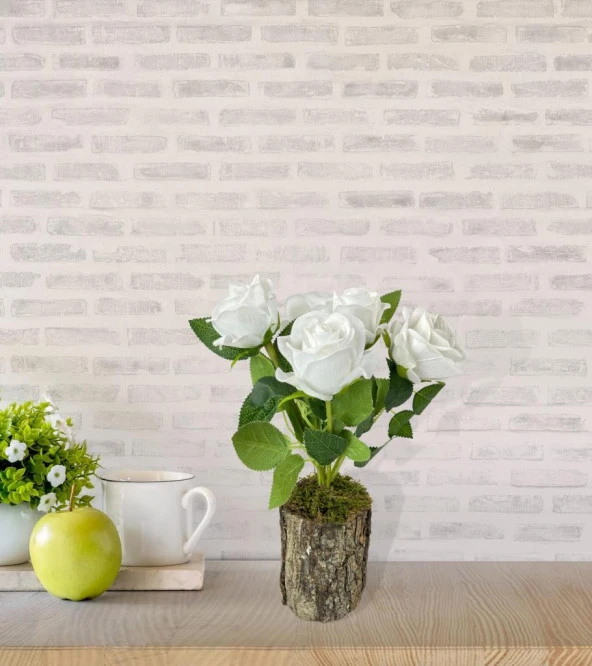 Nettenevime Doğal Ağaç Kütük Üzerine Aranje Edilmiş 5 Adet Yapay Beyaz Kadife Gül - Resim 2