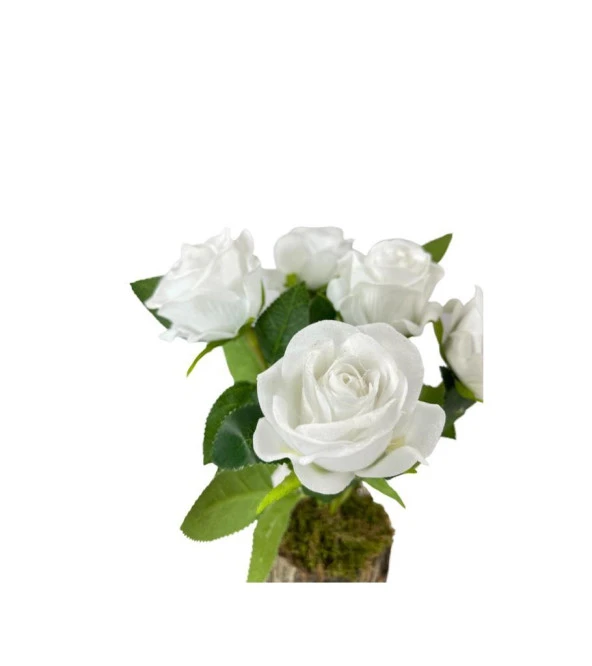 Nettenevime Doğal Ağaç Kütük Üzerine Aranje Edilmiş 5 Adet Yapay Beyaz Kadife Gül - Resim 6