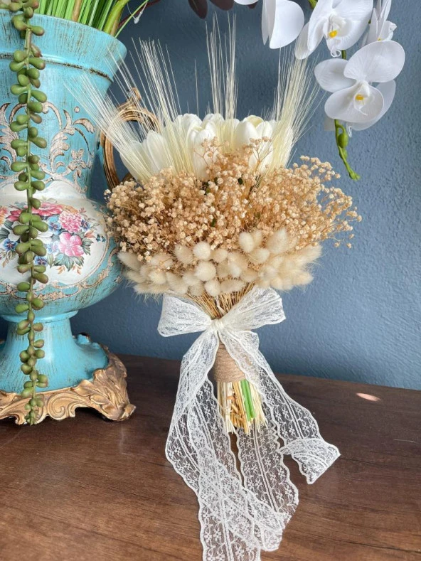 Nettenevime Gelin Çiçeği Yapay Çiçek Islak Lale Pamuk Otu Ve Cipso Gelin Buketi - 2