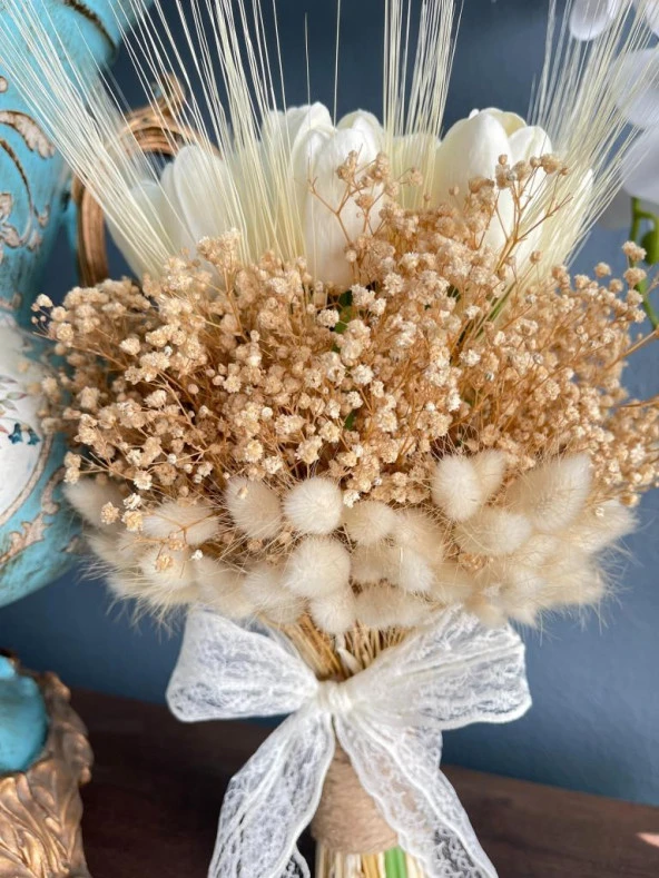 Nettenevime Gelin Çiçeği Yapay Çiçek Islak Lale Pamuk Otu Ve Cipso Gelin Buketi - 3