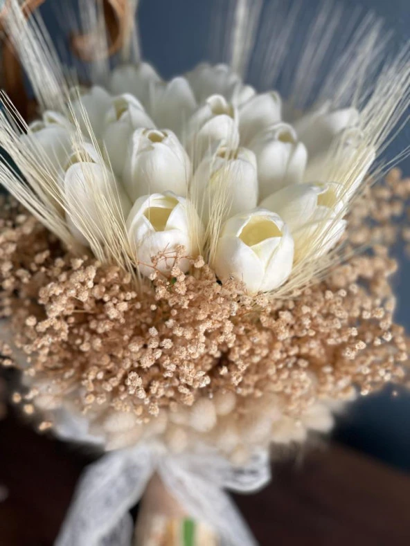 Nettenevime Gelin Çiçeği Yapay Çiçek Islak Lale Pamuk Otu Ve Cipso Gelin Buketi - 6