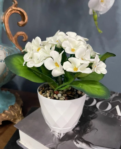 Nettenevime Yapay Çiçek Kadife Menekşe Gerçekçi Doku Beyaz Saksıda Çakıl Taşlı BEYAZ - Resim 3