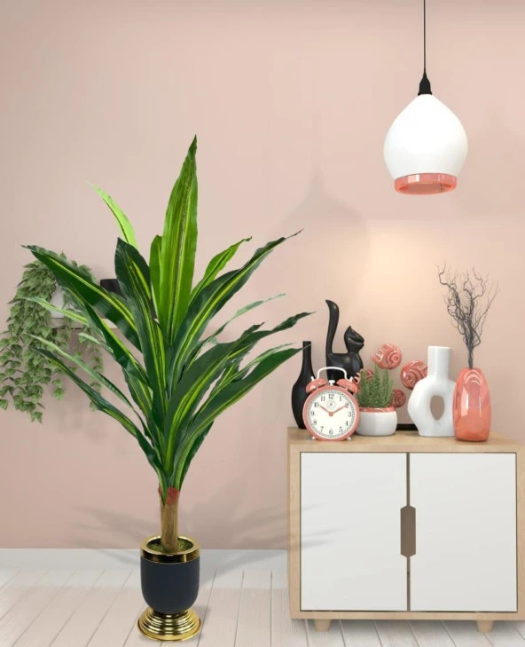 Nettenevime Yapay Çiçek Kılıç Yukka Ağacı 115cm Salon Bitkisi Siyah Gold Galvaniz Vazoda - 3