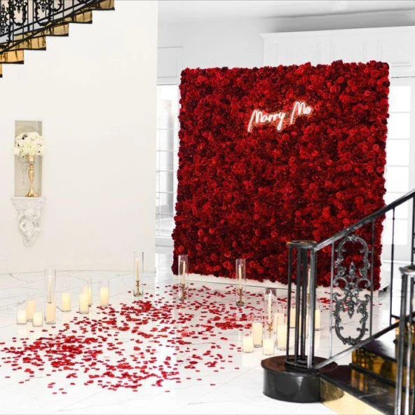 Nettenevime Yapay Çiçek 1m2 Dekoratif Kırmızı Gül Paneli Dik Duvar Kaplama Gül Duvarı 100*100 - 6