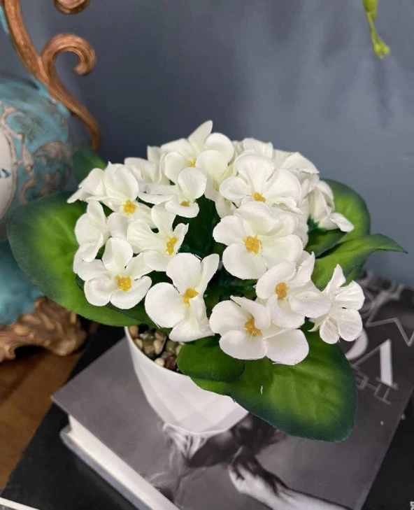 Nettenevime Yapay Çiçek Kadife Menekşe Gerçekçi Doku Beyaz Saksıda Çakıl Taşlı BEYAZ - Resim 5