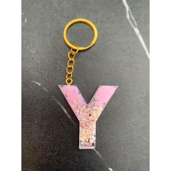 Y Harfi Pembe Renk Epoksi ve Deniz Kabuğu Kırığı Süslemeli Gold Halka Anahtarlık El Yapımı Hediyelik - 2