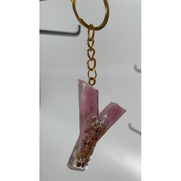 Y Harfi Pembe Renk Epoksi ve Deniz Kabuğu Kırığı Süslemeli Gold Halka Anahtarlık El Yapımı Hediyelik - 3