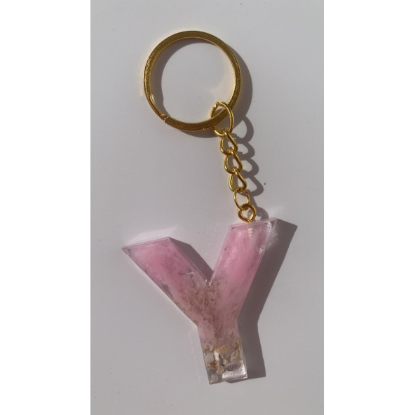 Y Harfi Pembe Renk Epoksi ve Deniz Kabuğu Kırığı Süslemeli Gold Halka Anahtarlık El Yapımı Hediyelik - 5