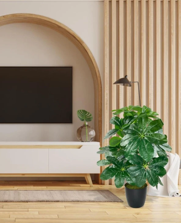 Yapay Çiçek Saksıda Şeflera Bitkisi 18Dal 75cm Salon Çiçeği Yapay Bitki Pachira Macrocarpa - 3