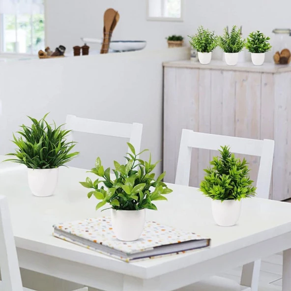 Nettenevime 6lı Set Yapay Çiçek Beyaz Saksıda 6 Çeşit Yeşil Bitki - Resim 4