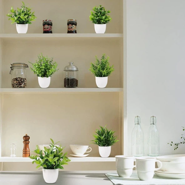 Nettenevime 6lı Set Yapay Çiçek Beyaz Saksıda 6 Çeşit Yeşil Bitki - Resim 5