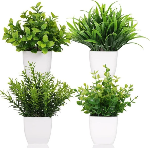 Nettenevime 4lü Set Yapay Çiçek Beyaz Saksıda 4 Çeşit Yeşil Bitki