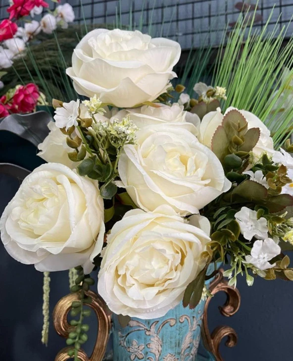 Nettenevime Yapay Çiçek Şakayık Gül 11 Dallı Büyük Demet 7Dal Gül 4 Dal Cipso Krem - Resim 2