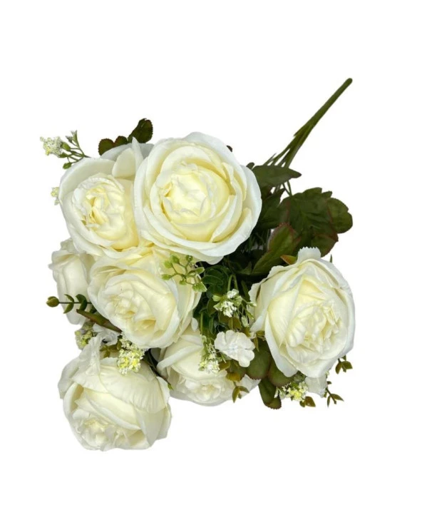 Nettenevime Yapay Çiçek Şakayık Gül 11 Dallı Büyük Demet 7Dal Gül 4 Dal Cipso Krem - Resim 4