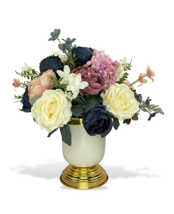 Nettenevime Yapay Çiçek Aranjmanı Metal Gold-Krem Vazolu Nişan Çiçeği İsteme Çiçeği Masa Üstü Çiçeği Arajman