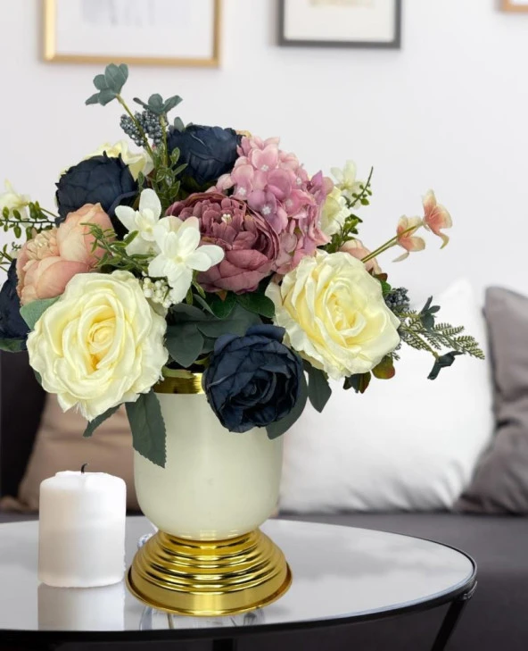 Nettenevime Yapay Çiçek Aranjmanı Metal Gold-Krem Vazolu Nişan Çiçeği İsteme Çiçeği Masa Üstü Çiçeği Arajman - 2