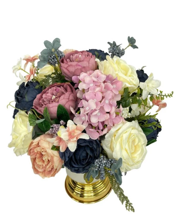 Nettenevime Yapay Çiçek Aranjmanı Metal Gold-Krem Vazolu Nişan Çiçeği İsteme Çiçeği Masa Üstü Çiçeği Arajman - 4