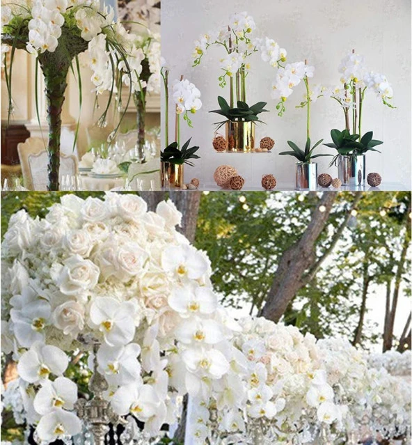 Nettenevime 3lü Set Yapay Çiçek Islak Orkide ve 2 Adet Orkide Yaprağı Gerçeksi Doku Uzun Dal 90cm - 8