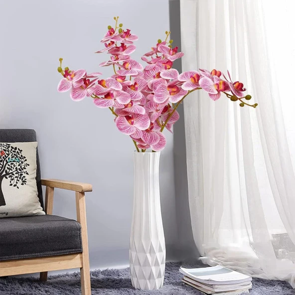 4lü Set Yapay Çiçek Pembe Islak Orkide ve 2 Adet Orkide Yaprağı Gerçeksi Doku Uzun Dal 90cm - 3