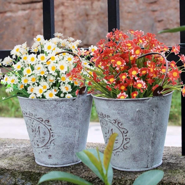 Nettenevime 6lı Set Yapay Çiçek Kırmızı Papatya 7 Dallı Plastik Dekoratif Yapay Bitki - Resim 3