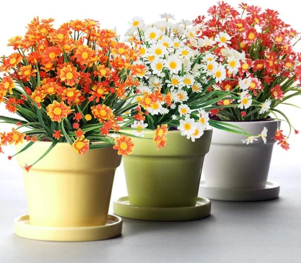 Nettenevime 6lı Set Yapay Çiçek Kırmızı Papatya 7 Dallı Plastik Dekoratif Yapay Bitki - Resim 4