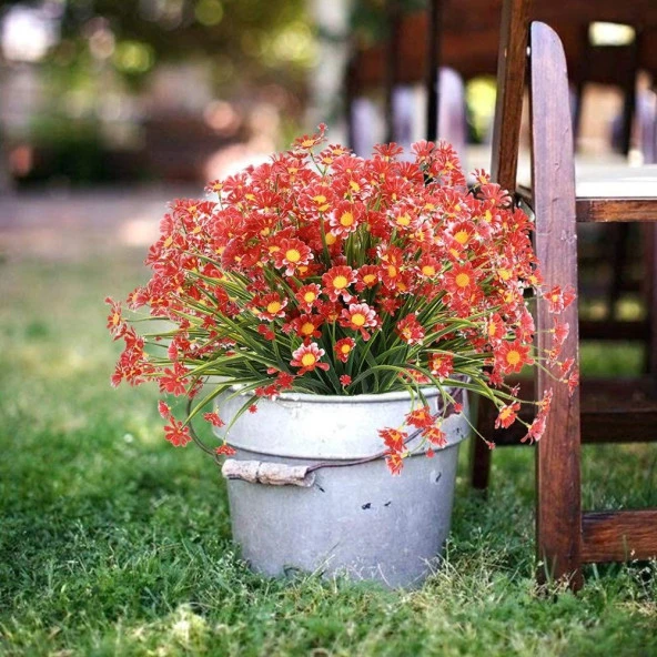 Nettenevime 6lı Set Yapay Çiçek Kırmızı Papatya 7 Dallı Plastik Dekoratif Yapay Bitki - Resim 6