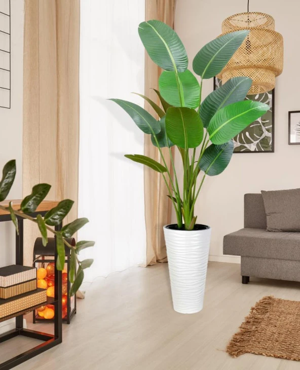 Nettenevime Yapay Ağacı Beyaz Uzun Kumsal Vazoda Muz Ağacı Yapay Starliçe 195cm 10 Yaprak - 2