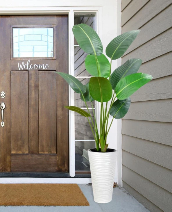 Nettenevime Yapay Ağacı Beyaz Uzun Kumsal Vazoda Muz Ağacı Yapay Starliçe 195cm 10 Yaprak - 3