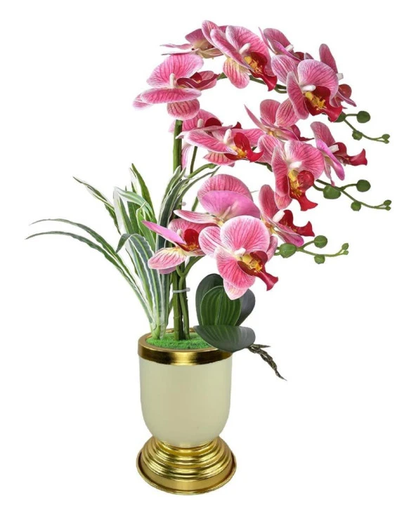 Nettenevime Yapay Çiçek 3lü Pembe Orkide Metal Krem Gold Saksıda Orkide 60cm