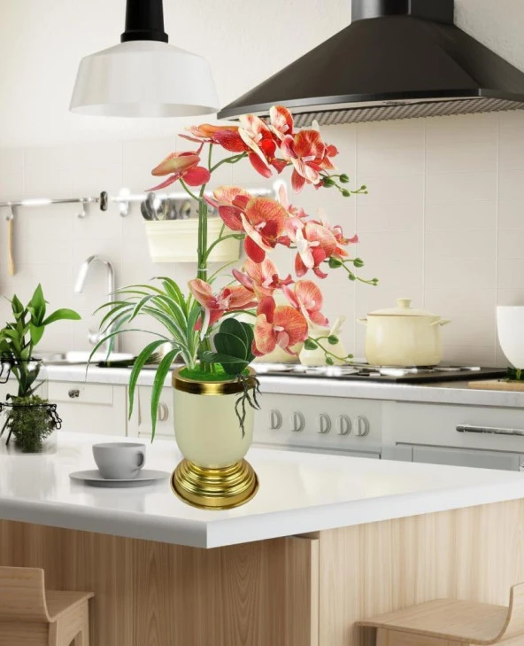 Nettenevime Yapay Çiçek 3lü Somon Orkide Metal Krem Gold Saksıda Orkide 60cm - 3