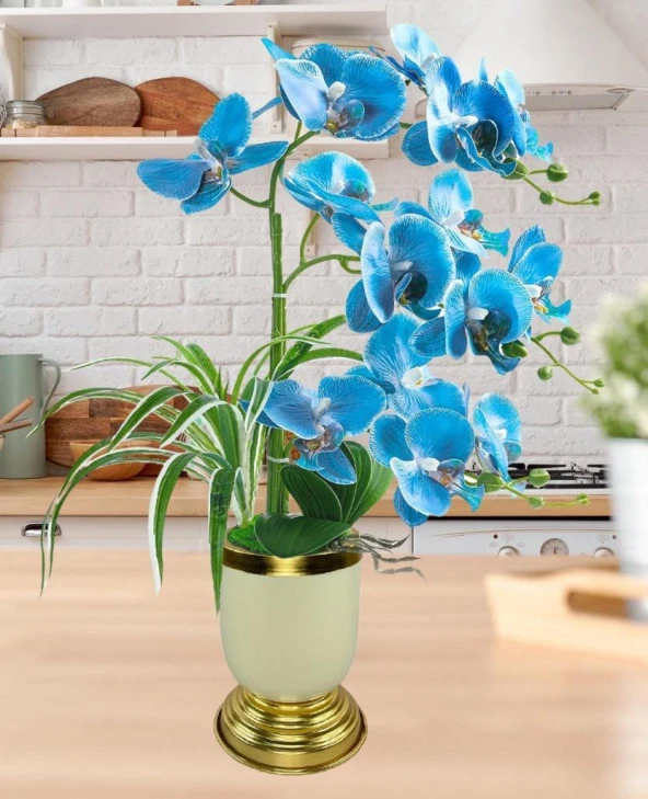 Nettenevime Yapay Çiçek 3lü Mavi Orkide Metal Krem Gold Saksıda Orkide 60cm - 2