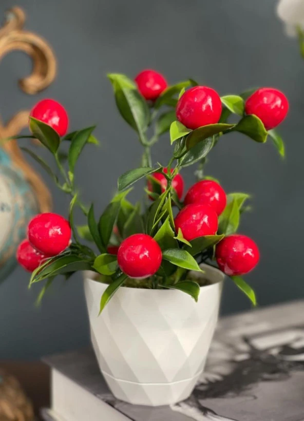 Nettenevime Yapay Çiçek Beyaz Saksıda Kiraz Demeti Kırmızı Top Çiçek 20cm