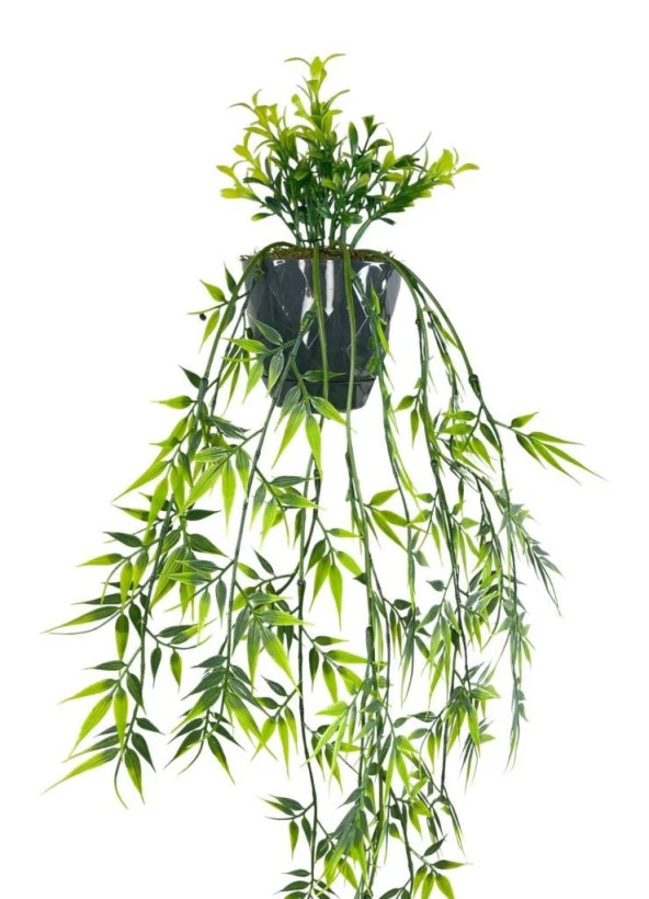 Yapay Çiçek Sarkan Bambu Yapraklı Bitki Küçük Siyah Saksıda Yapay Sarmaşık 65cm - Resim 3