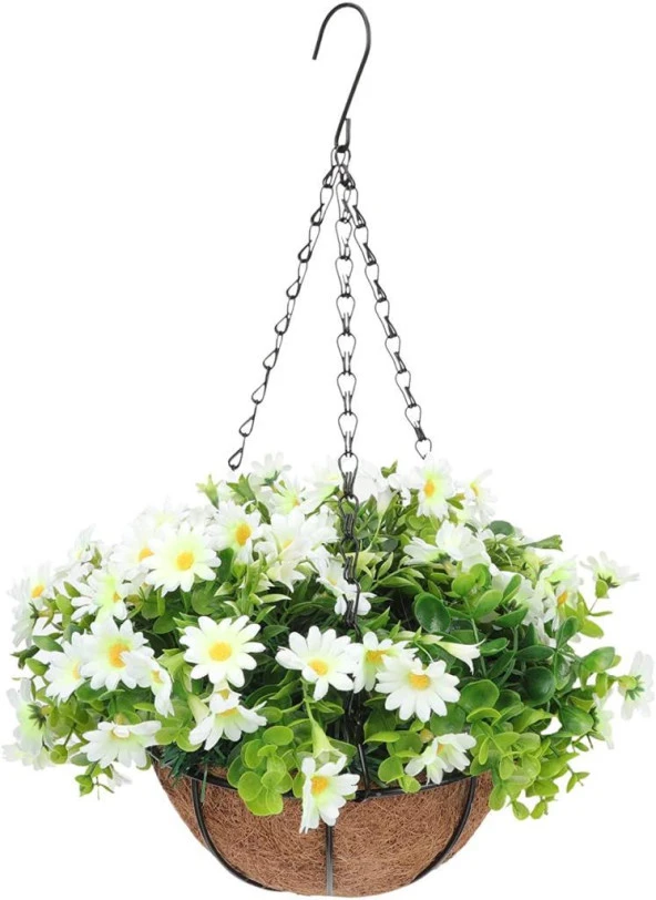 Nettenevime Yapay Çiçek Sarkaç Askılı Makreme Sepette Beyaz Papatya Ve Şimşir Yeşillik Çiçek Sepeti ürün görseli