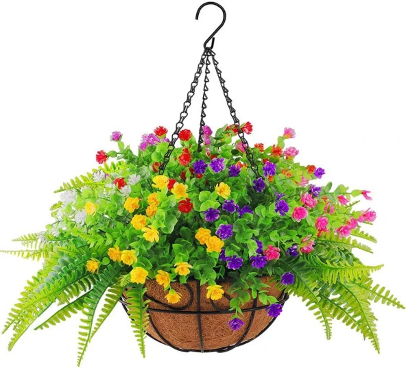 Nettenevime Yapay Çiçek Sarkaç Askılı Makreme Sepette Renkli Mineli Şimşir Ve Boston Yeşillik Çiçek Sepeti - Resim 2