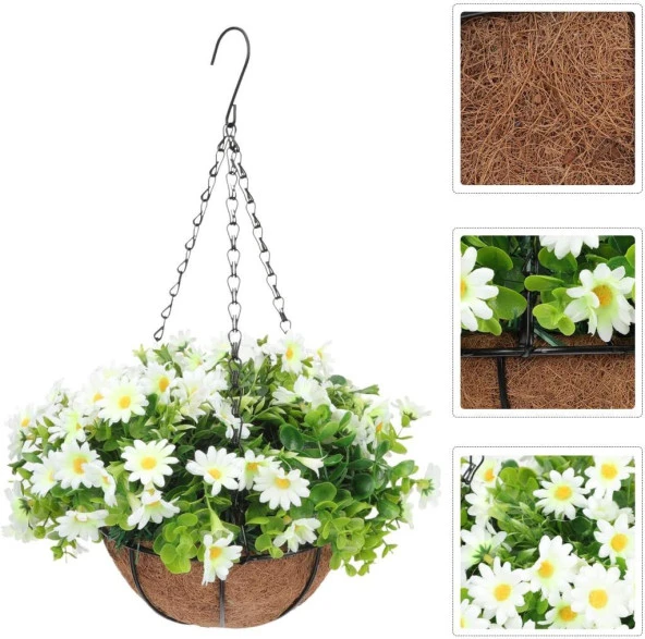 Nettenevime Yapay Çiçek Sarkaç Askılı Makreme Sepette Beyaz Papatya Ve Şimşir Yeşillik Çiçek Sepeti - Resim 4