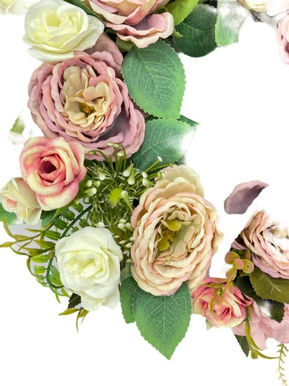 Yapay Çiçek Kapı Süsü Pastel Pembe Şakayık Güllü Yılbaşı Kapı Çelengi - 8