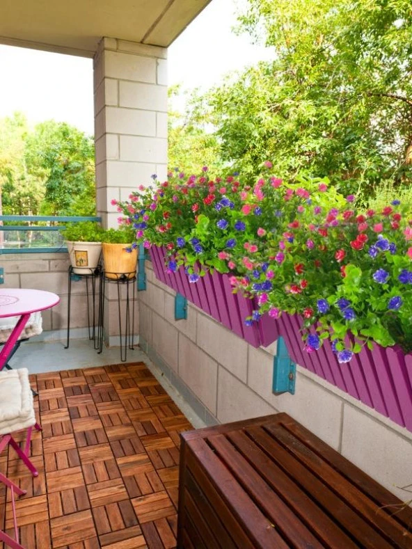 Nettenevime Yapay Çiçek Mor Çit Balkon Saksısı Renkli Mineli Şimşir Çiçekli 55*35cm - Resim 5