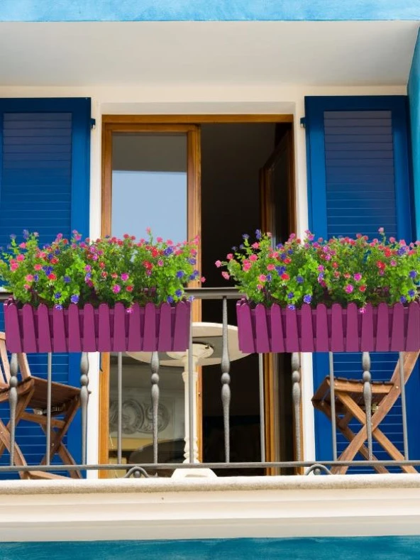 Nettenevime Yapay Çiçek Mor Çit Balkon Saksısı Renkli Mineli Şimşir Çiçekli 55*35cm - Resim 6